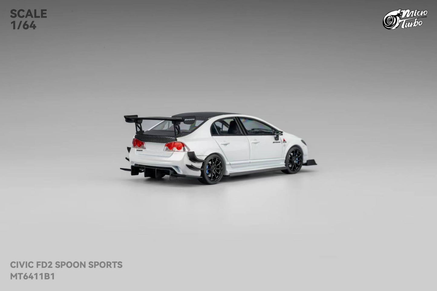 Micro Turbo 1:64 Honda CIVIC FD2 Spoon Sports Metallic White with Black Carbon Hood (Openable Front Hood + Detailed Engine)