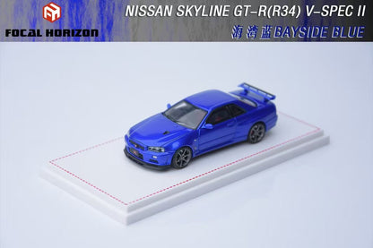 Focal Horizon 1:64 Nissan Skyline GT-R R34 V-SPEC-II Bayside Blue Openable Hood Detailed Engine