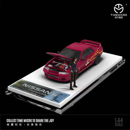 Time Micro 1:64 Nissan Skyline GT-R R32  Openable Engine Hood Fast and Furious Wine Red with Girl Figure