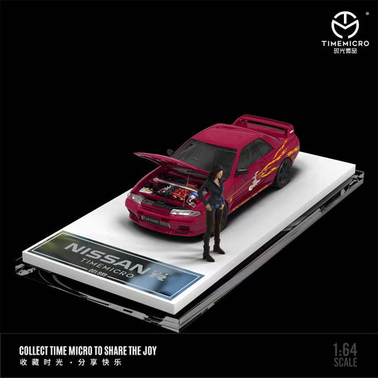 Time Micro 1:64 Nissan Skyline GT-R R32  Openable Engine Hood Fast and Furious Wine Red with Girl Figure
