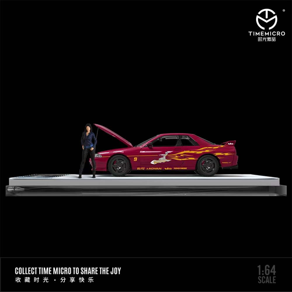Time Micro 1:64 Nissan Skyline GT-R R32  Openable Engine Hood Fast and Furious Wine Red with Girl Figure