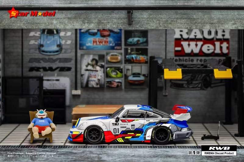 Star Model 1:64 Porsche RWB 964 GT Wing Gundam Exia Robot Edition with Gundam Exia Figure