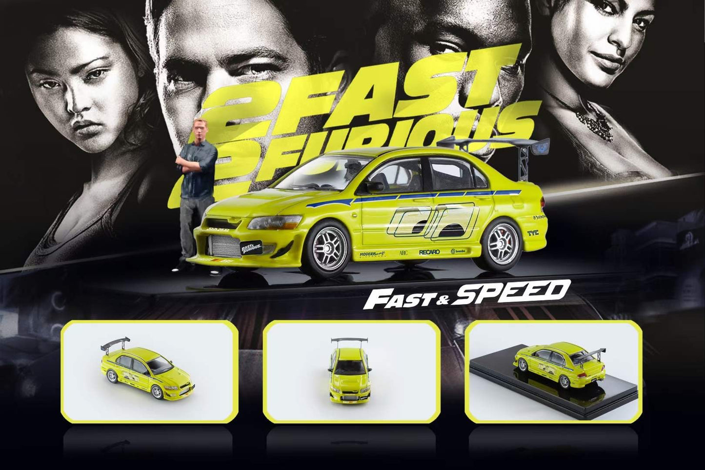 Fast Speed 1:64 Mitsubishi Lancer Evolution 7 EVO VII Fast and Furious Green with Paul Walker Brian O'Conner Figure