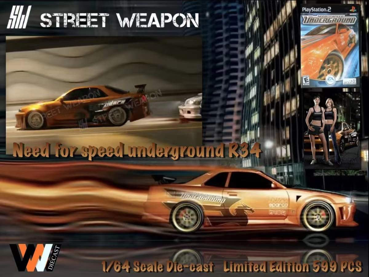 Street Weapon 1:64 Nissan Skyline GT-R R34 Z-Tune Need For Speed 7 Underground Orange Gold