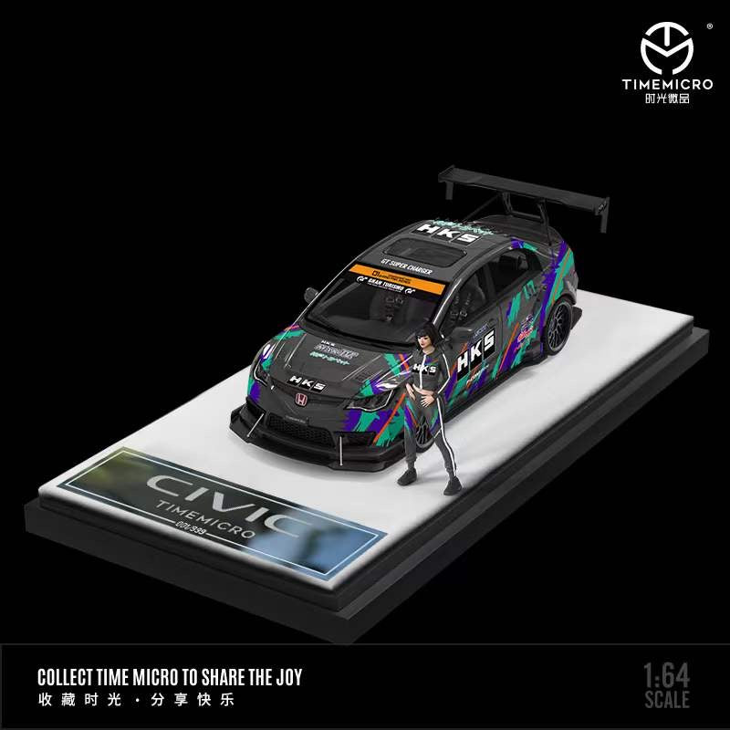 Time Micro 1/64 Honda Civic Type R FD2 Modified HKS Edition with Model Girl Figure