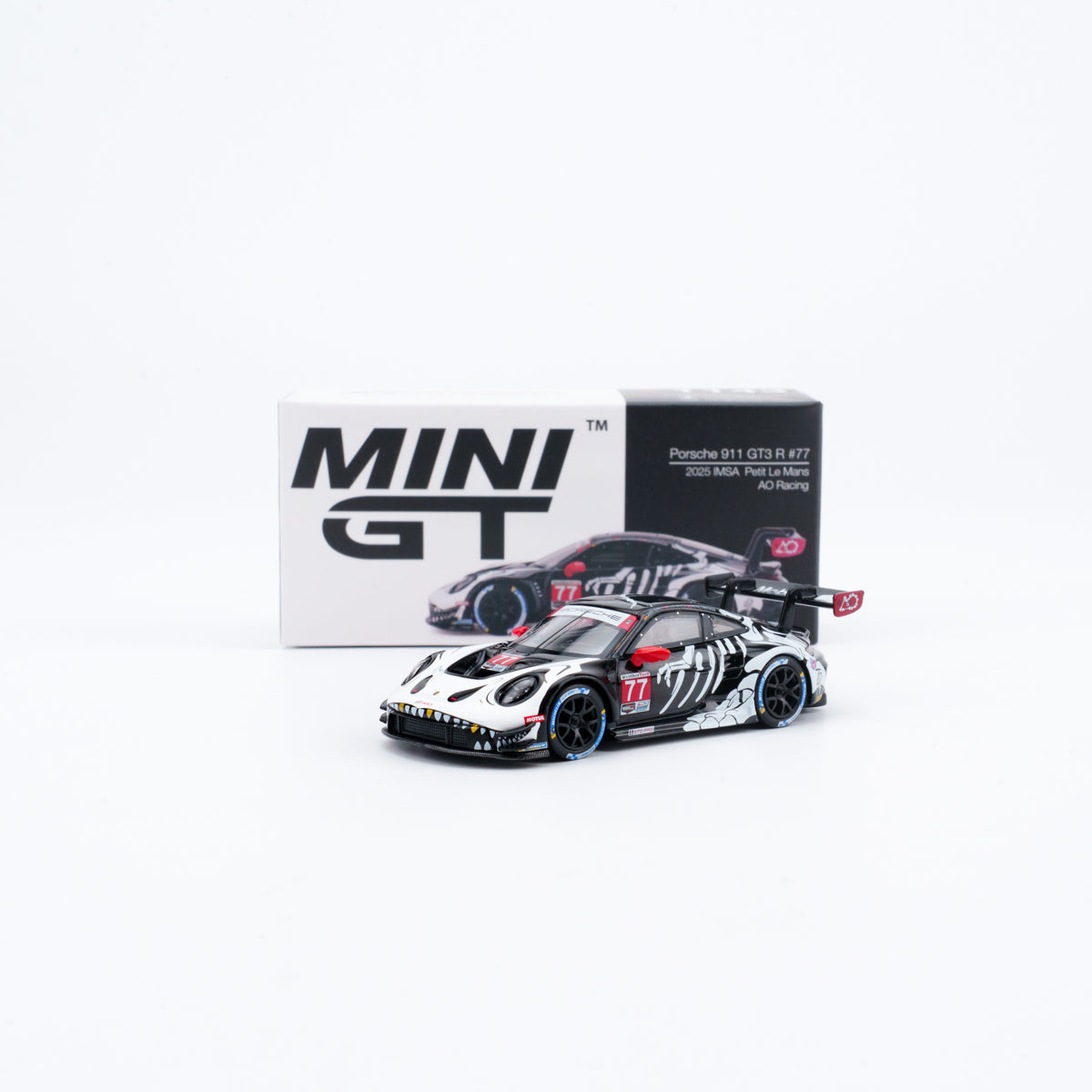 [3 Cars Bundle] Mini GT 1:64 Porsche 911 GT3 R #77 AO Racing 2025 IMSA Petit Le Mans in Paper Box Packaging (MGT01143-CH)  + [Premium Resin Model] Fine Works 1:64 Aventador LP700-4 Black White Panel Lines+ Fine Works 1:64 Camaro Transformers White