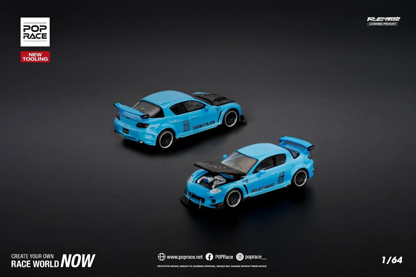 Pop Race 1:64 Mazda RX-8 Re-Amemiya Light Blue Openable Front Hood Detailed Engine (PR640270)