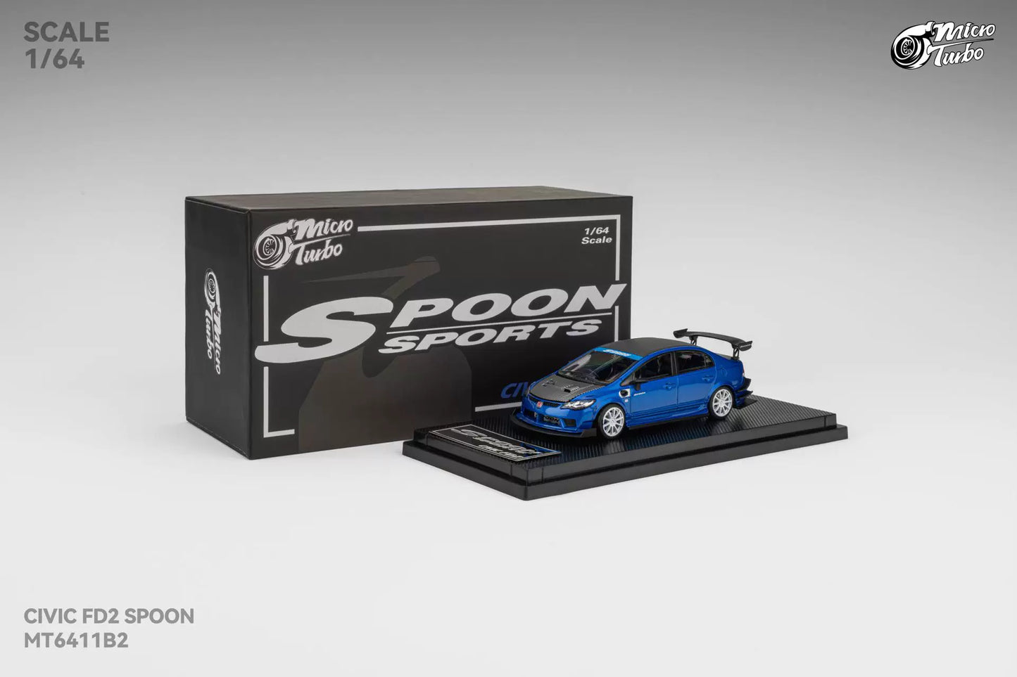 Micro Turbo 1:64 Honda CIVIC FD2 Spoon Sports Metallic Blue with Black Carbon Hood (Openable Front Hood + Detailed Engine)