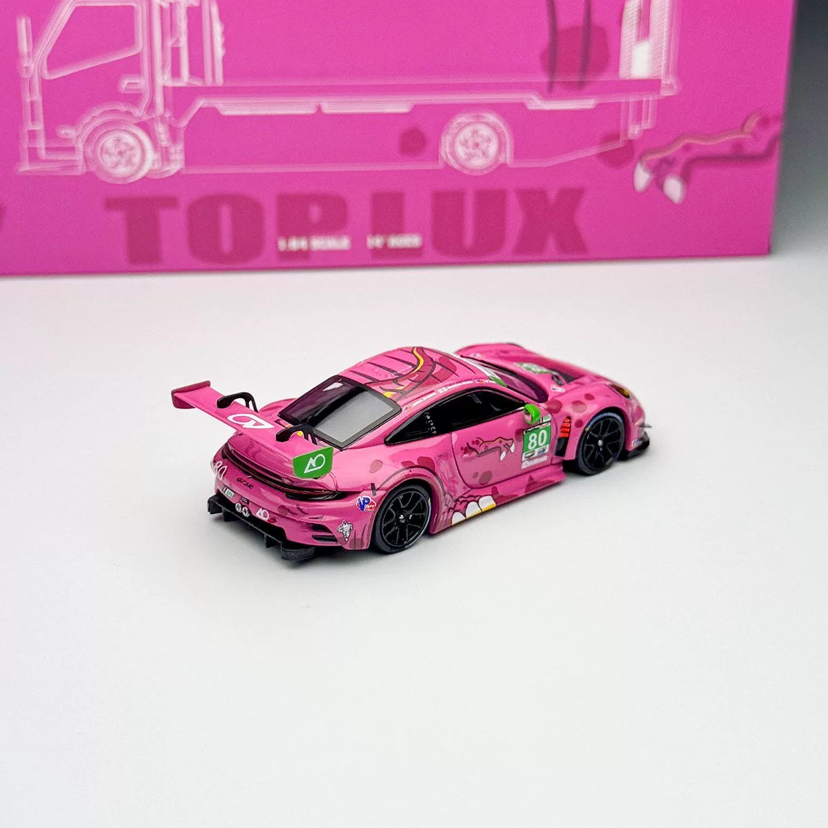 Top Lux X Star Race 1:64 H300 Rollback Tow Truck Extendable Flat Bed + 911 GT3 R Tyrannosaurus Roxy Pink (Full Set)