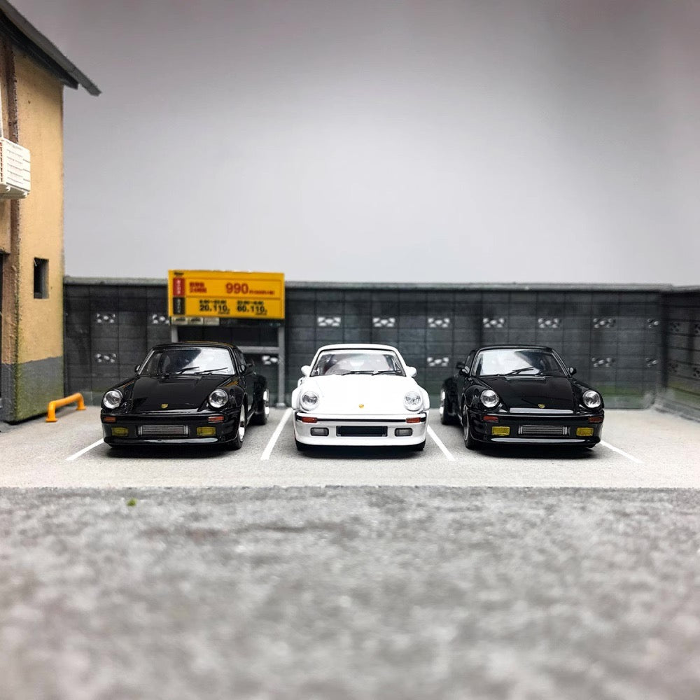 Master Model 1:64 Porsche 930 Turbo Open Engine Hood Wangan Midnight Black Bird Modified Edition- White with Red Wheels