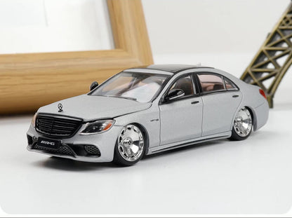 Rhino Model 1:64 Mercedes Benz AMG S63 S-Class MK6 W222 Grey with Low Ride Low Stance Wheels Openable Front Hood Detailed Engine