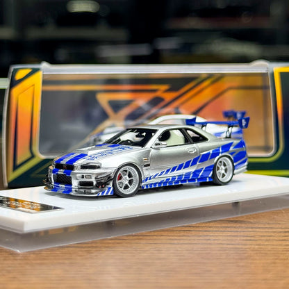 [Premium Resin Model] 404 Error 1:64 Skyline GT-T R34 Fast and Furious Paul Walker Silver Blue Limited to 199 Pieces