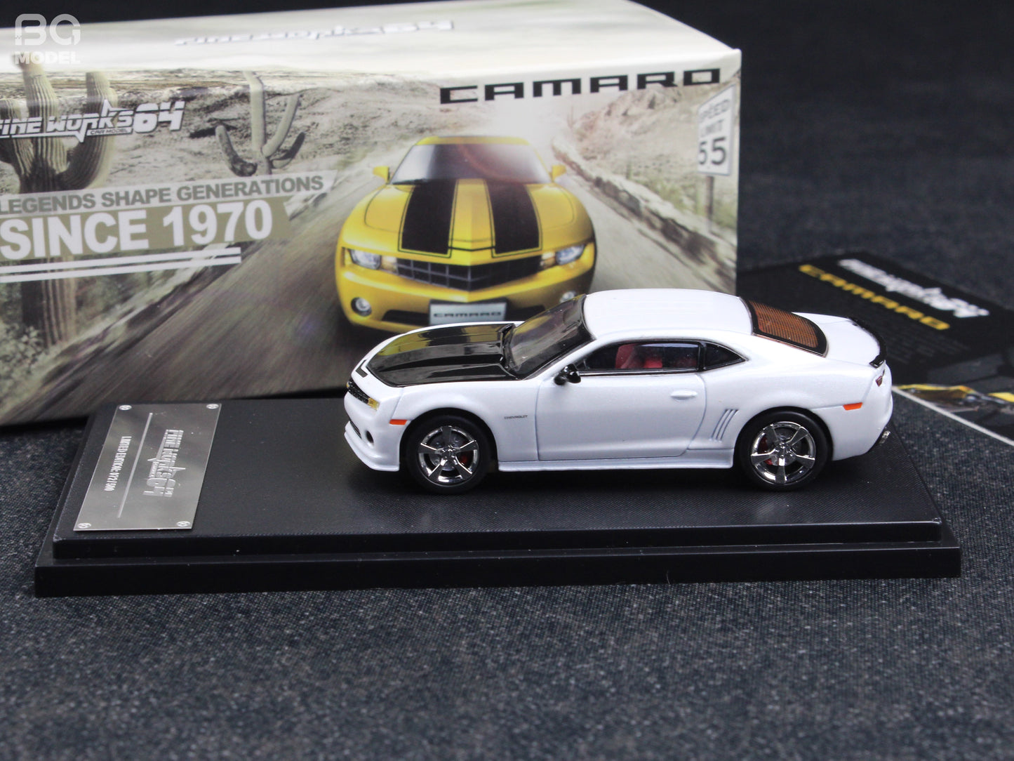 Fine Works 1:64 Chevrolet Camaro Transformers Pearl White Black Hood Openable Front Hood Detailed Engine with Extra Wheels Limited 500 Pieces
