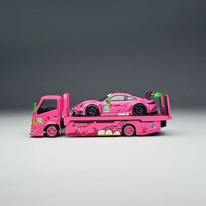 Top Lux X Star Race 1:64 H300 Rollback Tow Truck Extendable Flat Bed + 911 GT3 R Tyrannosaurus Roxy Pink (Full Set)