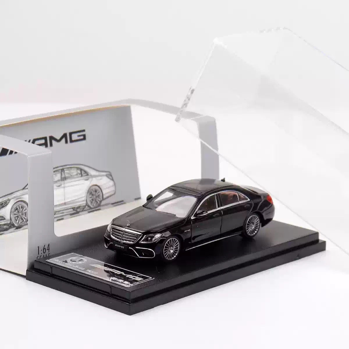 Rhino Model 1:64 Mercedes Benz AMG S63 S-Class MK6 W222 Black with Normal Wheels Normal Stance Openable Front Hood Detailed Engine