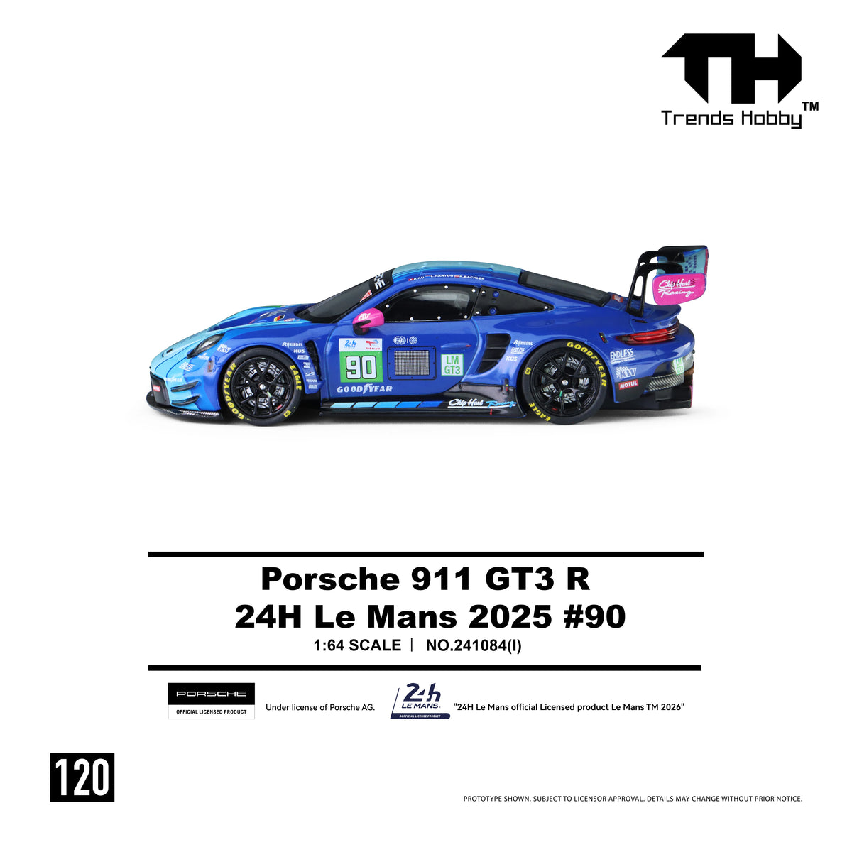 Trends Hobby 1:64 Porsche 911 GT3 R Le Mans 24H LMGT3 2025 Chip Hart Racing #90 Openable Front Hood Detailed Engine Porsche Official Licensed (241084I)