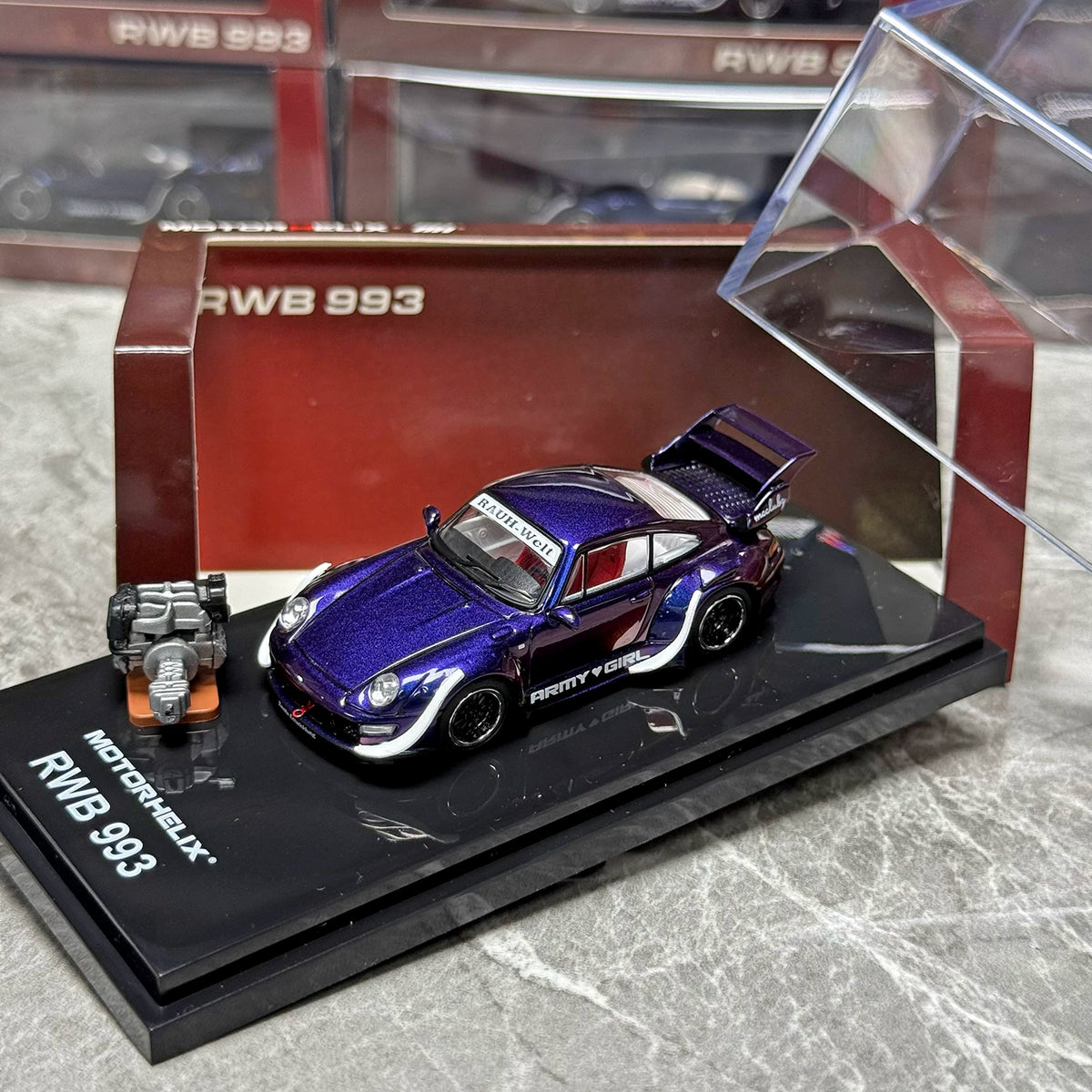 Motorhelix 1:64 RWB 993 Army Girl Purple Includes Magnetic Air-Cooled Engine Display Model