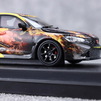 Motorhelix Senior Series 1:64 Honda Civic Type-R FL5  J's Racing Custom Black & Yellow Openable Front Engine Hood - Honda J's Racing Official Licensed