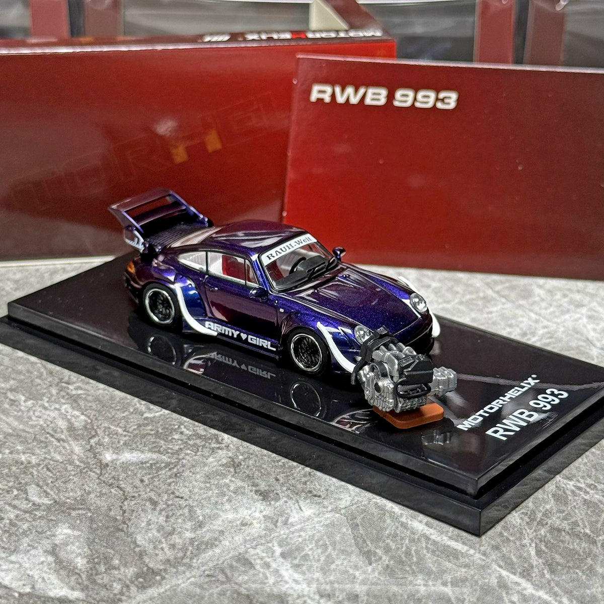 Motorhelix 1:64 RWB 993 Army Girl Purple Includes Magnetic Air-Cooled Engine Display Model