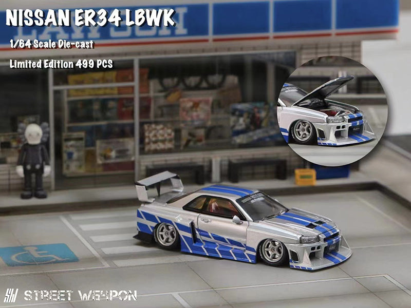 Street Weapon 1/64 Nissan Skyline GT-R R34 LBWK ER34 Liberty Walk Fast & Furious Open Bonnet Engine Hood