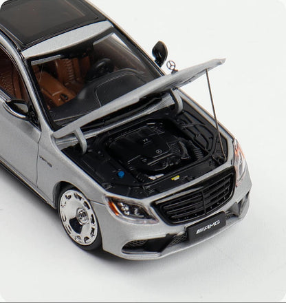 Rhino Model 1:64 Mercedes Benz AMG S63 S-Class MK6 W222 Black with Normal Wheels Normal Stance Openable Front Hood Detailed Engine