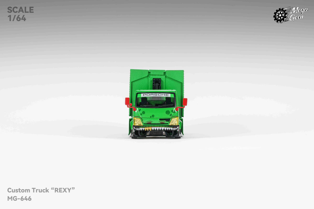 Mega Gear 1:64 Hino 300 Series MK2 Custom Extendable Tow Truck Container Livery Tyrannosaurus Rexy Green (Limited to 2 per customer / address)