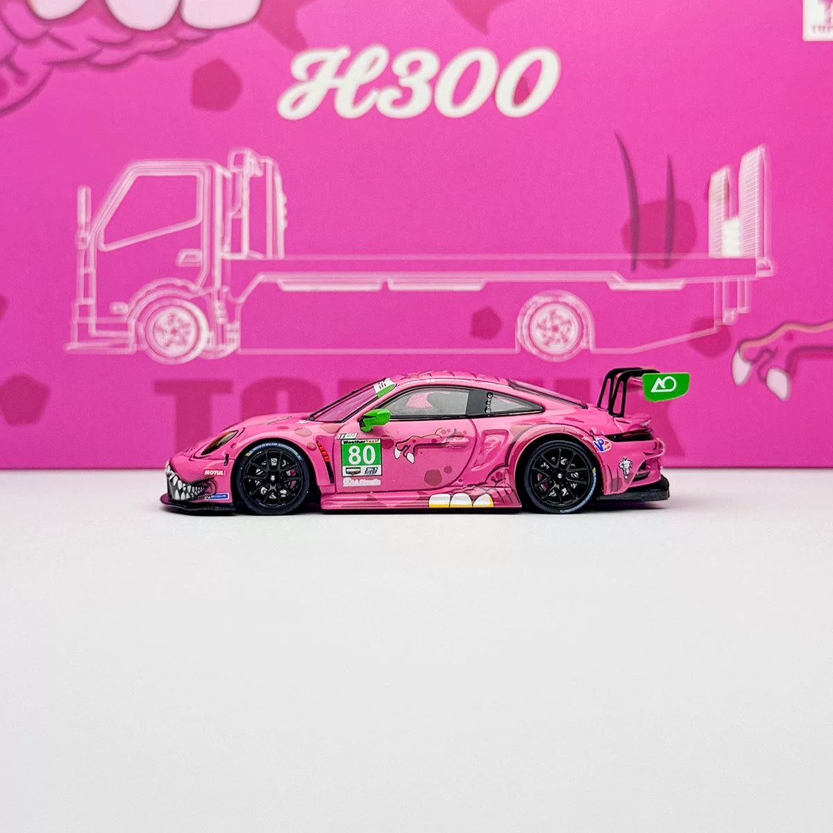 Top Lux X Star Race 1:64 H300 Rollback Tow Truck Extendable Flat Bed + 911 GT3 R Tyrannosaurus Roxy Pink (Full Set)