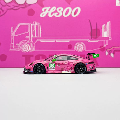 Top Lux X Star Race 1:64 H300 Rollback Tow Truck Extendable Flat Bed + 911 GT3 R Tyrannosaurus Roxy Pink (Full Set)