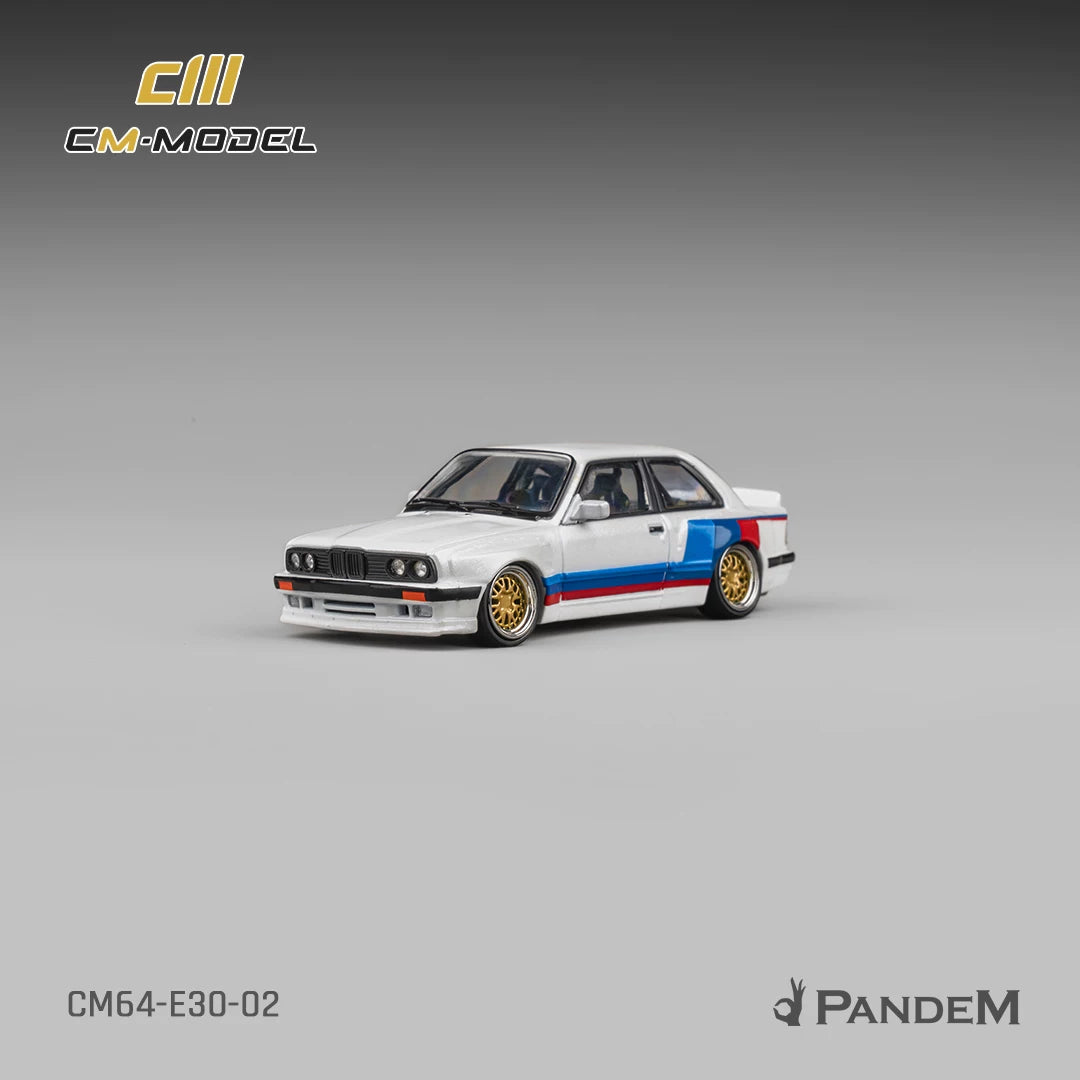 CM Model 1:64 Pandem M3 Mk1 E30 Sedan Rocket Bunny White with M Strip with Extra Wheel-Set