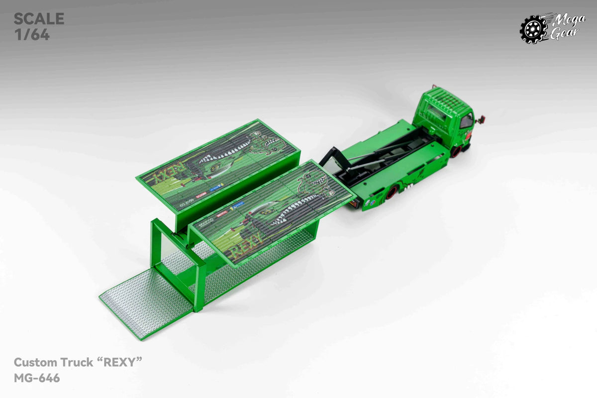 Mega Gear 1:64 Hino 300 Series MK2 Custom Extendable Tow Truck Container Livery Tyrannosaurus Rexy Green (Limited to 2 per customer / address)
