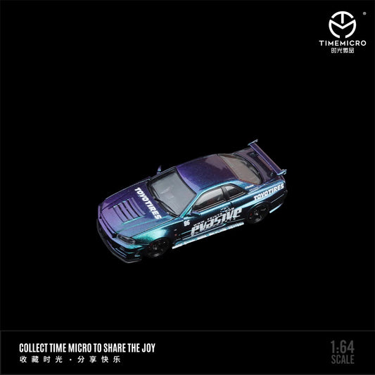 Time Micro 1:64 Nissan Skyline GT-R R34 Z-Tune Openable Engine Hood Evasive Motorsports Purple