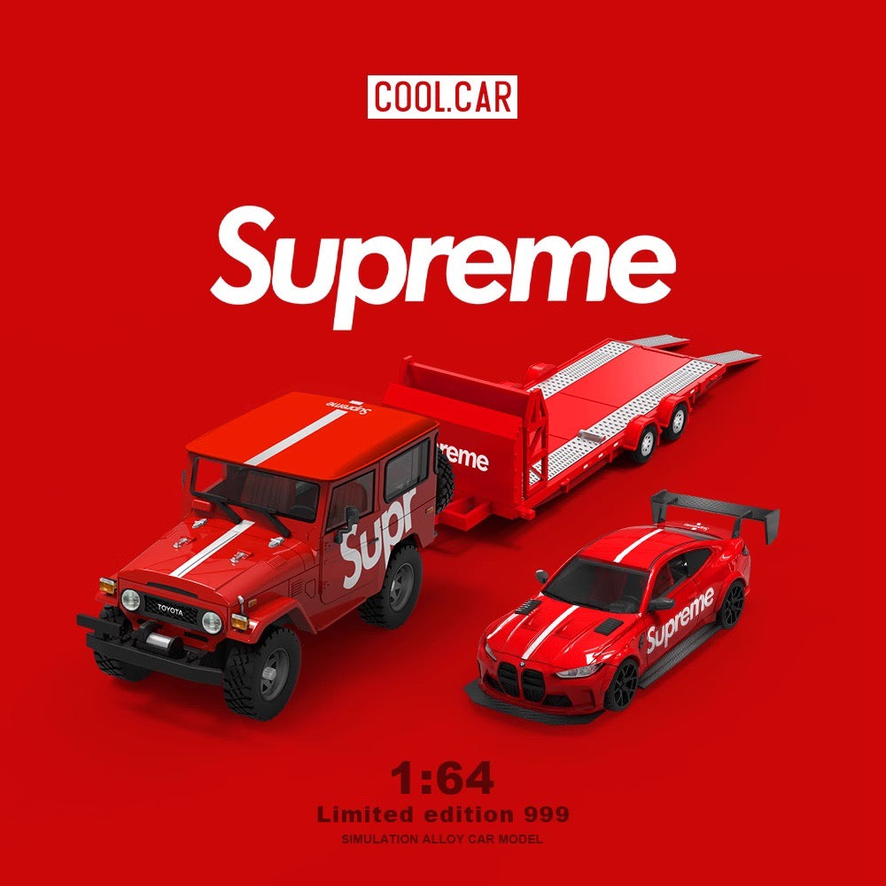 Cool.Car 1:64 Car Hauler Trailer Set Supreme Edition - Toyota FJ40 & BMW M4 & Trailer Full Set