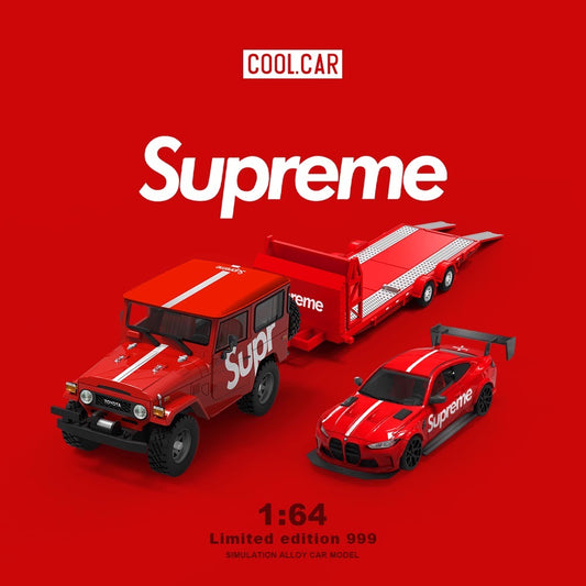 Cool.Car 1:64 Car Hauler Trailer Set Supreme Edition - Toyota FJ40 & BMW M4 & Trailer Full Set