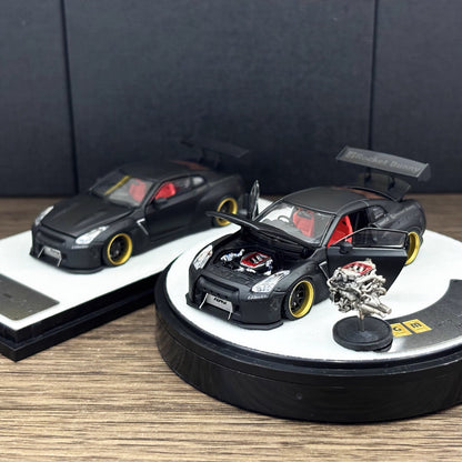 PGM 1:64 Nissan Skyline GT-R R35 Pandem Rocket Bunny Matt Black with Separated Display Engine Limited 999 Pieces (Normal Rectangle Box Edition)