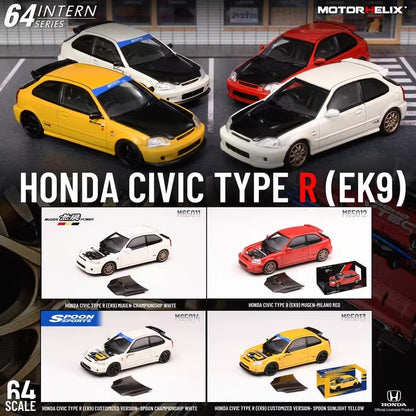 Motorhelix Intern Series 1:64 Honda Civic Type R EK9 Carbon Hood Spoon Edition Sunlight Yellow - Honda and Spoon Official Licensed