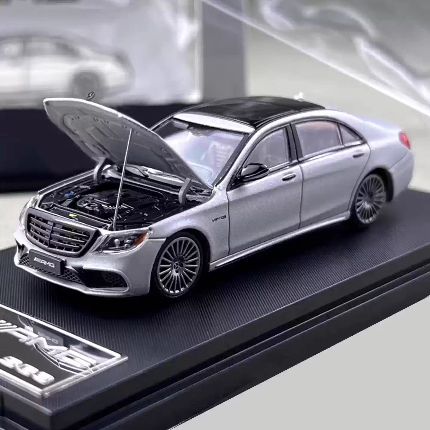 Rhino Model 1:64 Mercedes Benz AMG S63 S-Class MK6 W222 Grey with Normal Wheels Normal Stance Openable Front Hood Detailed Engine