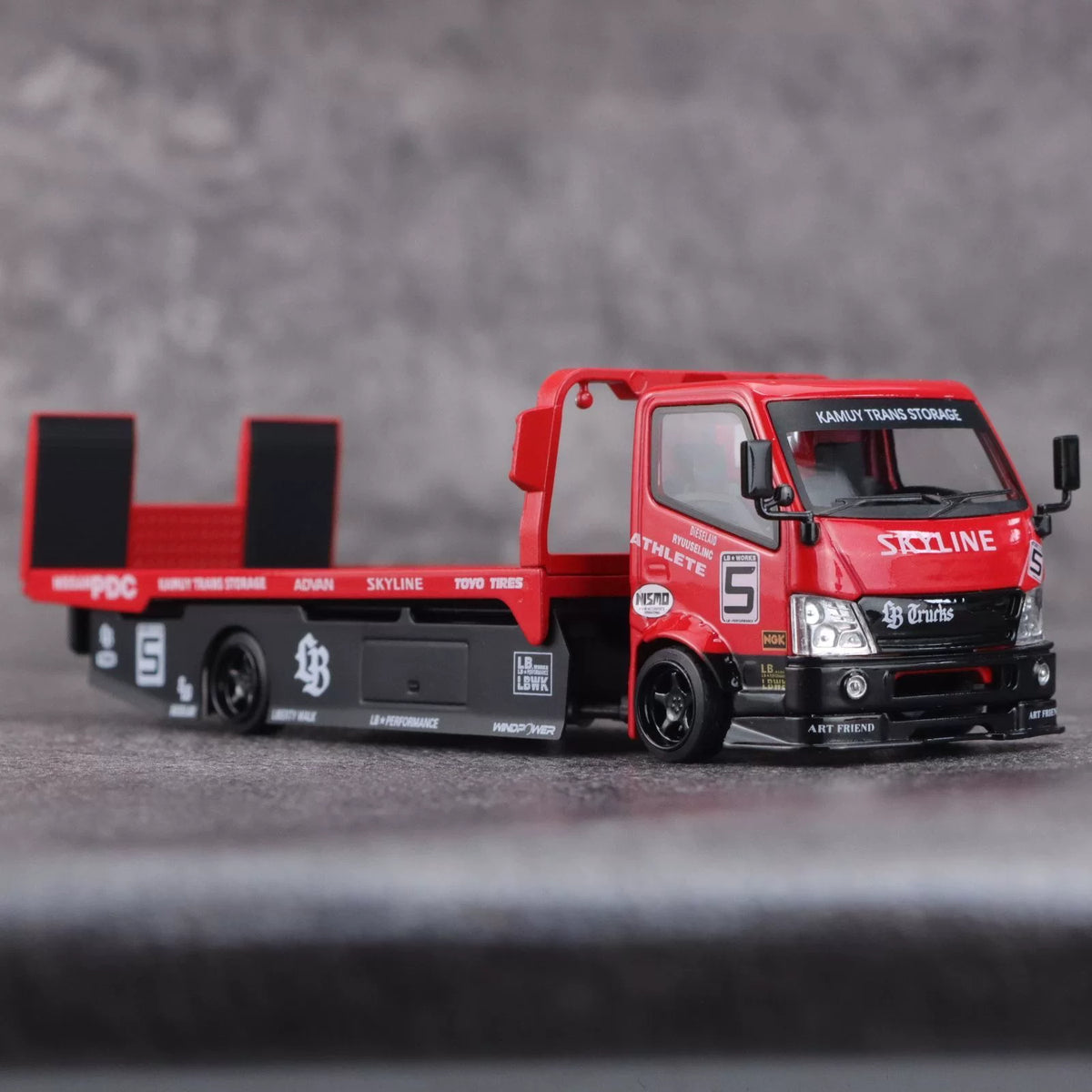 Mega Gear 1:64 Hino 300 Series MK2 Custom Extendable Tow Truck Flat bed #5 Liberty Walk LB Truck Super Silhouette Red Black Livery