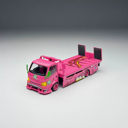 Top Lux X Star Race 1:64 H300 Rollback Tow Truck Extendable Flat Bed + 911 GT3 R Tyrannosaurus Roxy Pink (Full Set)