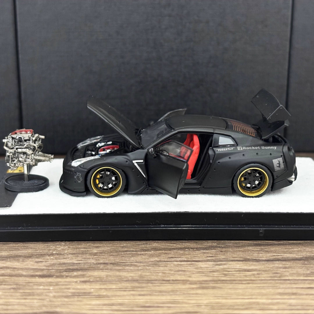 PGM 1:64 Nissan Skyline GT-R R35 Pandem Rocket Bunny Matt Black with Separated Display Engine Limited 999 Pieces (Normal Rectangle Box Edition)