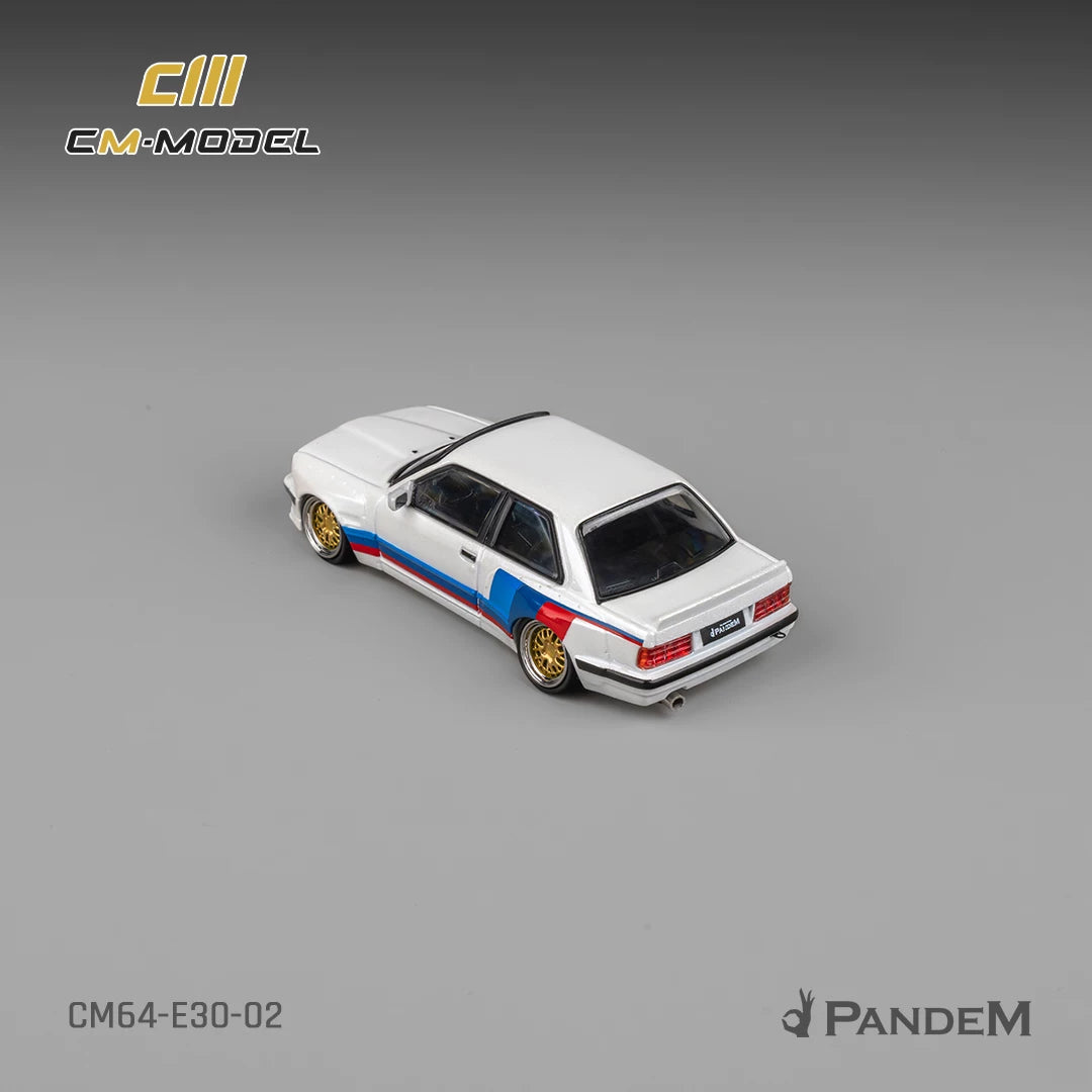 CM Model 1:64 Pandem M3 Mk1 E30 Sedan Rocket Bunny White with M Strip with Extra Wheel-Set