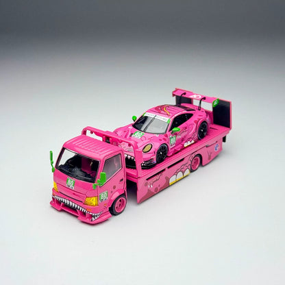 Top Lux X Star Race 1:64 H300 Rollback Tow Truck Extendable Flat Bed + 911 GT3 R Tyrannosaurus Roxy Pink (Full Set)