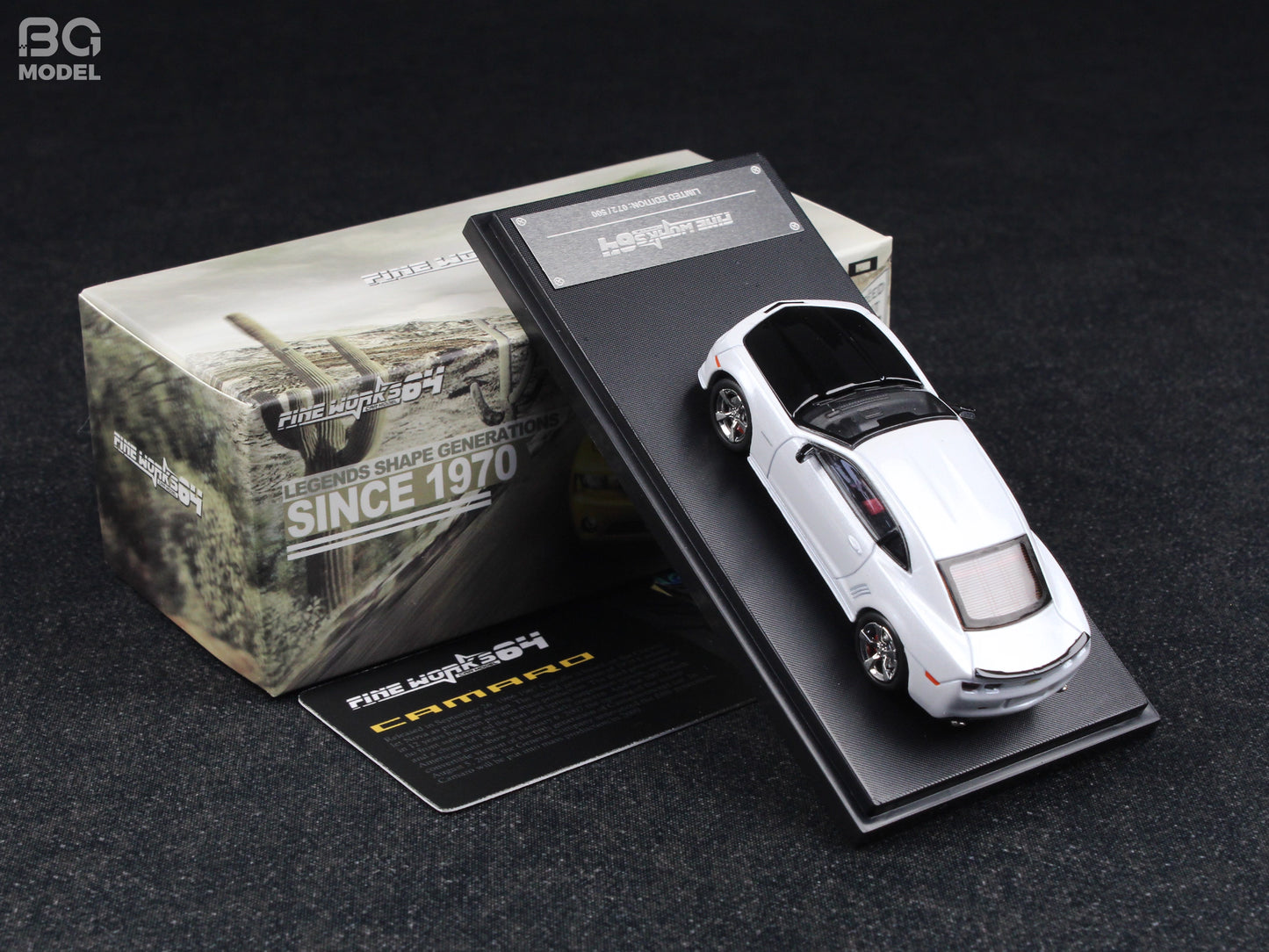 Fine Works 1:64 Chevrolet Camaro Transformers Pearl White Black Hood Openable Front Hood Detailed Engine with Extra Wheels Limited 500 Pieces