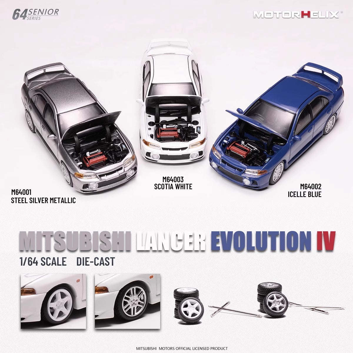 Motorhelix Senior Series 1:64 Mitsubishi Lancer Evolution 4 EVO IV Icelle Blue Openable Front Hood Detailed Engine - Mitsubishi Official Licensed