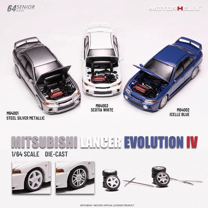 Motorhelix Senior Series 1:64 Mitsubishi Lancer Evolution 4 EVO IV Icelle Blue Openable Front Hood Detailed Engine - Mitsubishi Official Licensed