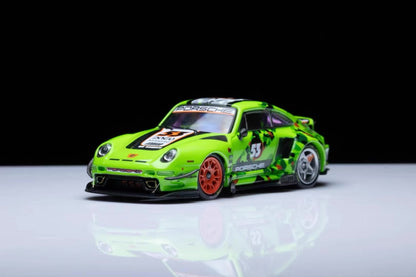 [3 Cars Bundle] Mini GT 1:64 Porsche 911 GT3 R #77 AO Racing 2025 IMSA Petit Le Mans in Paper Box Packaging (MGT01143-CH)  + [Premium Resin Model] Fine Works 1:64 Aventador LP700-4 White Black Panel Lines + DCM 1:64 RWB 993 Duck Tail Green