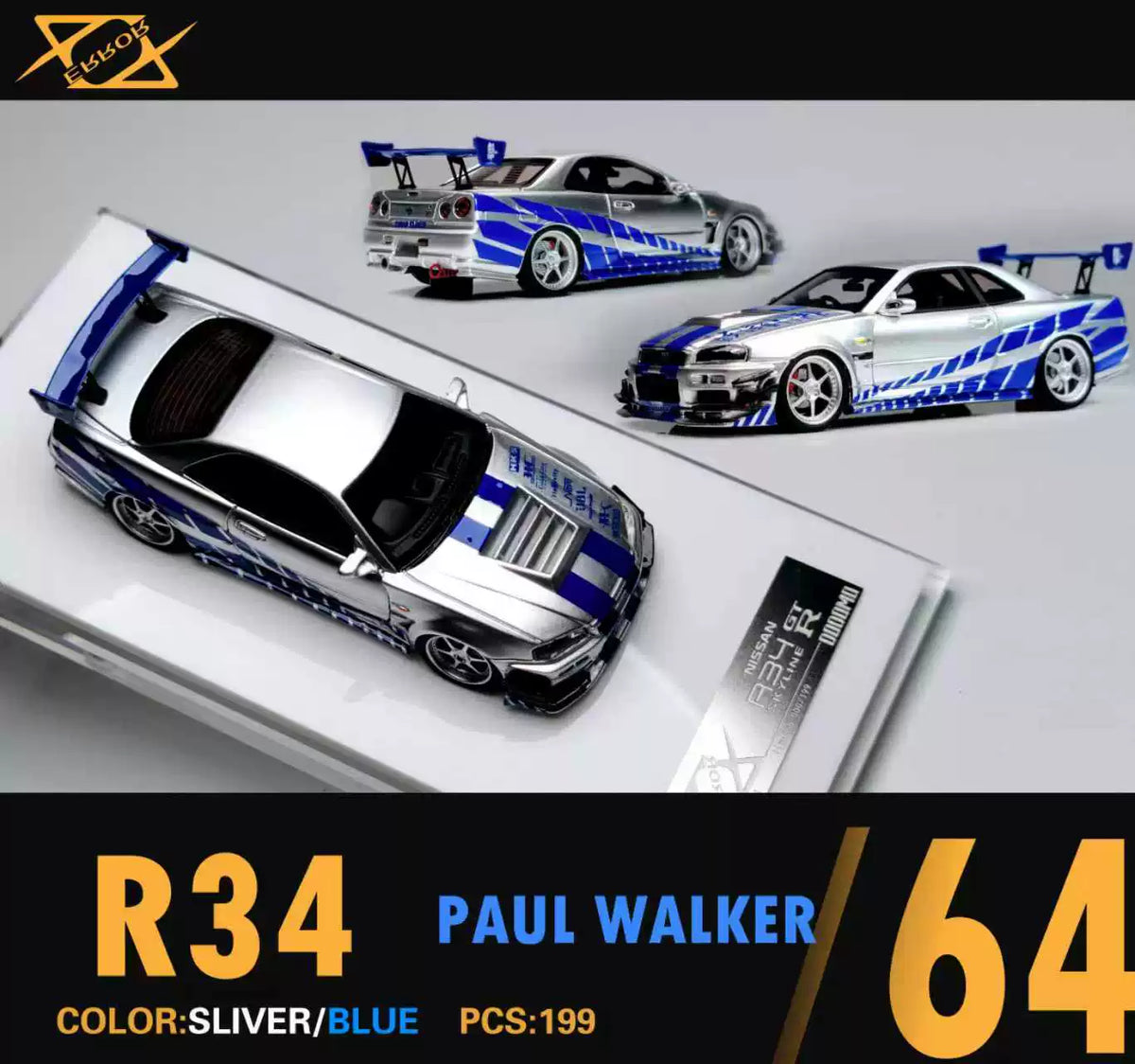 [Premium Resin Model] 404 Error 1:64 Skyline GT-T R34 Fast and Furious Paul Walker Silver Blue Limited to 199 Pieces