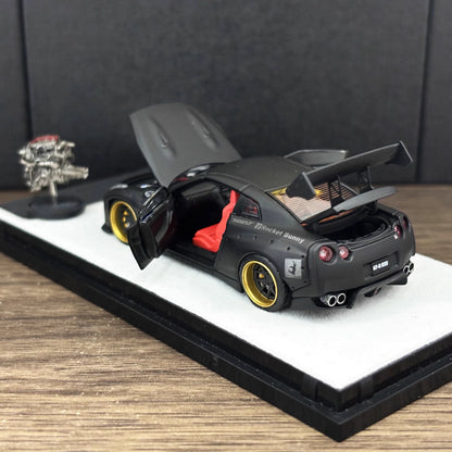 PGM 1:64 Nissan Skyline GT-R R35 Pandem Rocket Bunny Matt Black with Separated Display Engine Limited 999 Pieces (Normal Rectangle Box Edition)