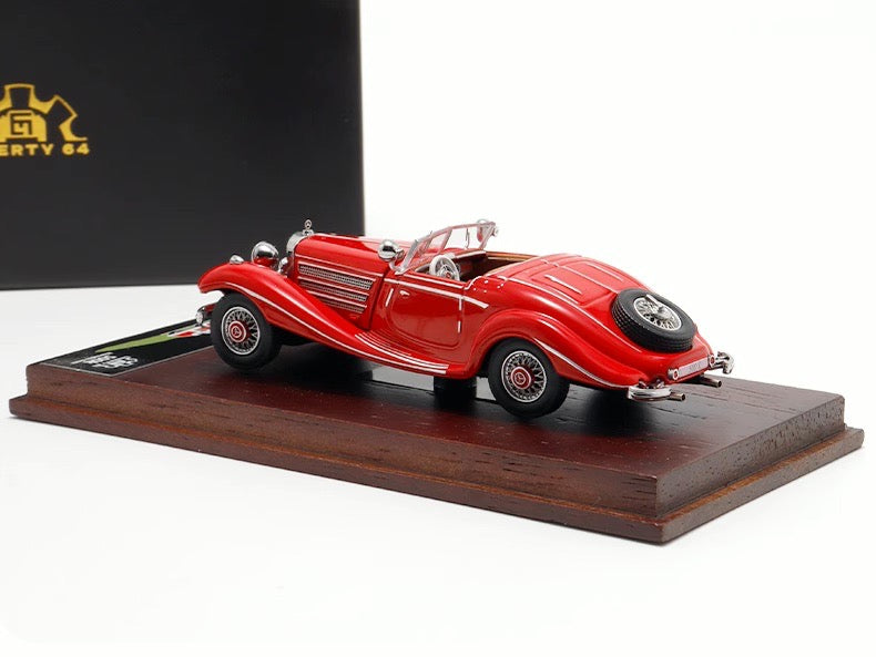 Liberty64 1:64 Mercedes-Benz 500K (W29) Red (Flocked Foot Pads, Hardware Details, Wooden Platform + Acrylic Transparent Box + Flip-Top Gift Box Packaging)