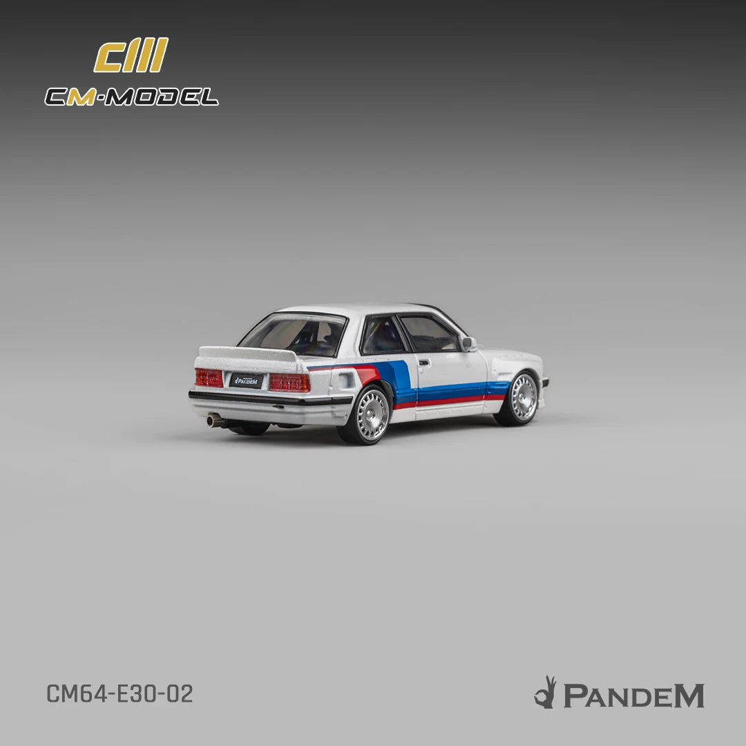 CM Model 1:64 Pandem M3 Mk1 E30 Sedan Rocket Bunny White with M Strip with Extra Wheel-Set