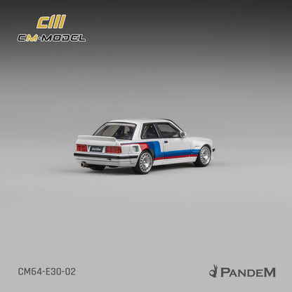 CM Model 1:64 Pandem M3 Mk1 E30 Sedan Rocket Bunny White with M Strip with Extra Wheel-Set